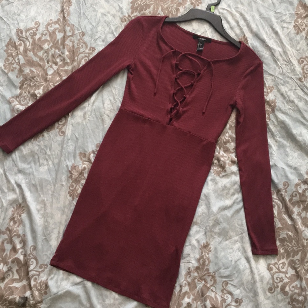 Forever 21 Maroon Ribbed Lace Up Bodycon Dress